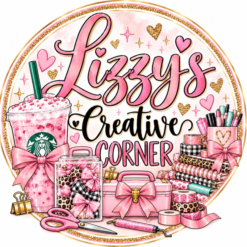 Lizzy's Creative Corner logo: a pink drink, bows, washi tape, planners and craft supplies